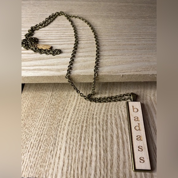 HANDMADE Necklace Artisan Wood “BAD ASS” Pendant Statement Organic & Gift Box - Picture 4 of 5